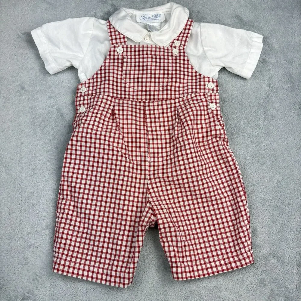 Vintage Sophie Dess Baby Boy  2 pc Romper 18M Red Check White Shirt Classic
